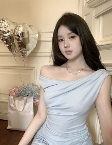 Sweet and Spicy One-Shoulder Sleeveless Bodycon Dress for Women, Summer Pleated High-Waisted Blue Skirt, Sexy A-Line Short Skirt