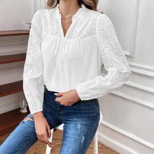 2025秋冬新款亚马逊外贸跨境 镂空纯色V领蕾丝拼接女式长袖衬衫