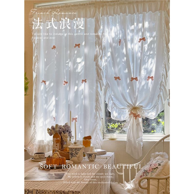 French-Korean Style Romantic White Translucent but Not See-Through Skirted Window Decoration Half Curtain with Bowknot for Girls' Bedroom