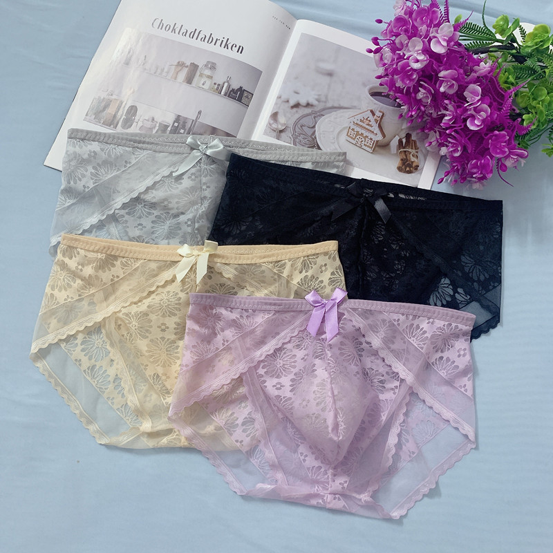Hot Sexy Seductive Traceless Briefs Transparent U-Convex Personality Lace Belt Flower Special Spicy Men's plus size Underwear