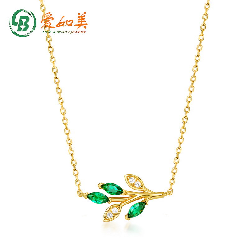 S925 Silver Gold-plated Green Leaf Inlaid Nano Green Zirconium Necklace Women's Geometric Olive Branches and Leaves Mori Women's Necklace