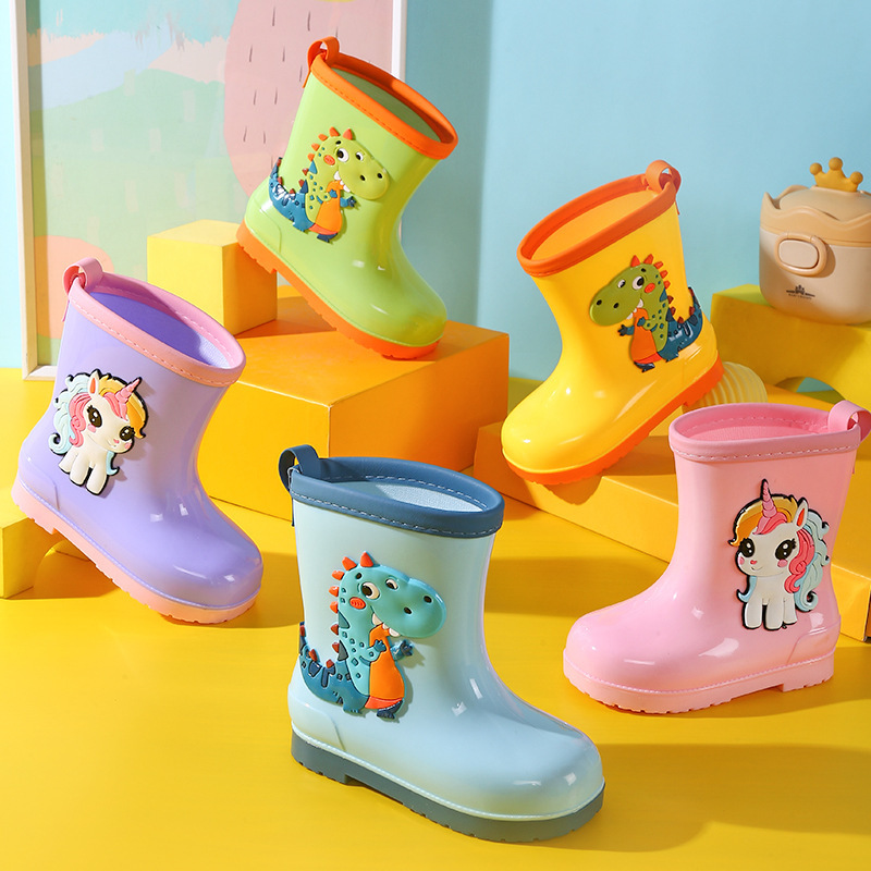 Wholesale In-Stock Children's Rain Boots, Cute Cartoon Princess Rain Boots for Older Children, Boys and Girls, Fleece-Lined Dinosaur Non-Slip Water Shoes