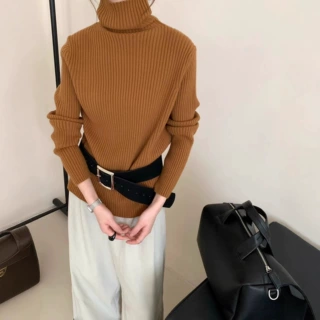 2025秋冬新款韩版坑条高领针织打底衫女简约百搭高级感内搭毛衣潮