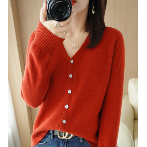 Wool blended new spring and summer women's loose v-neck solid color short knitted cardigan coat sweater air-conditioning shirt