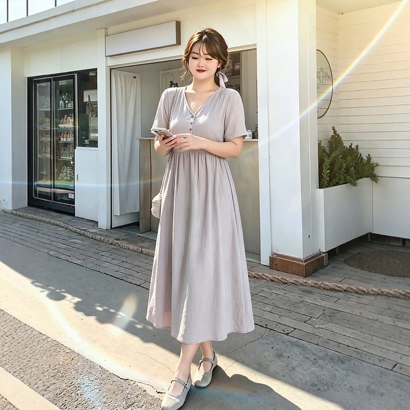 65-160kg Plus Size Women's V-Neck Casual Dress Summer Nursing Maternity Long Dress for Slightly Chubby Moms