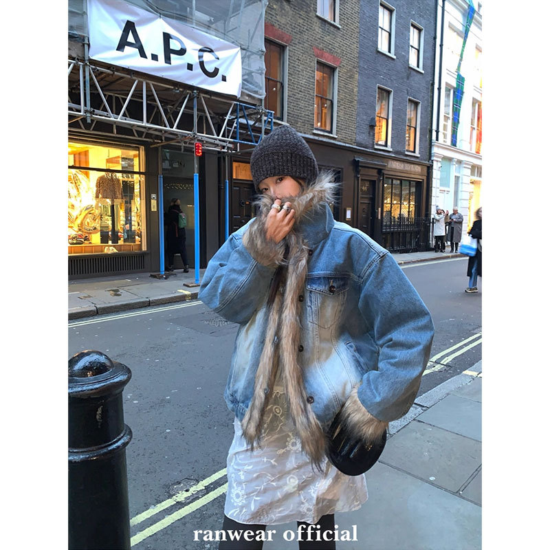 Ranwear 新一轮时髦定义 复古做旧水洗牛仔环葆皮草夹棉外套