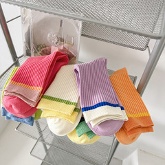 2023 Spring Color Block Striped Knee-High Double-Needle Laddered Socks, Korean Style Fresh Minimalist Versatile Socks, Zhuji Socks