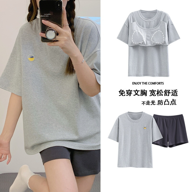 睡衣女夏季短袖套甜美带胸垫韩版卡通学生休闲宽松大码宿舍家居服|undefined