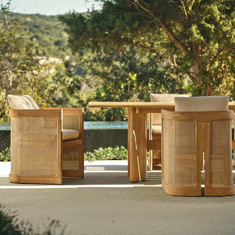 Mesa y silla de madera maciza al aire libre, patio villa, mesa larga de ocio al aire libre, terraza de jardín al aire libre, combinación de mesa impermeable y protector solar image 15