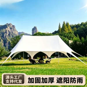 Large outdoor camping tent for large campsites, featuring a three-pole design, a lotus-shaped canopy, waterproof material, and excellent sun and rain protection