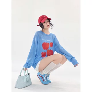 人间凑数 蓝色苹果印花长袖针织T恤女宽松韩版多巴胺轻薄罩衫上衣