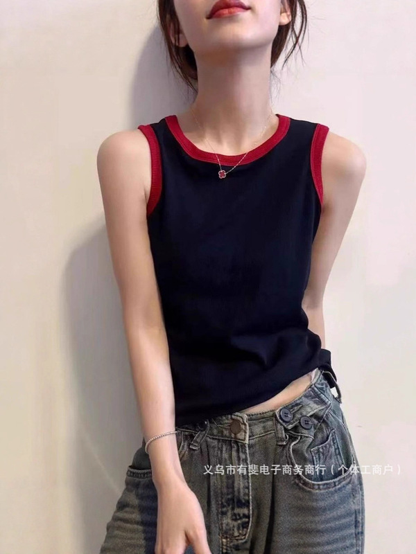 2025款撞色圆领背心389针织吊带小背心女夏外穿短款无袖美背上衣|undefined