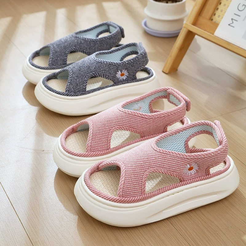 Льняные тапочки для женщин летом, дышащие, впитывающие пот, нескользящие, домашние сандалии на липучке на толстой подошве для мужчин в любое время года.