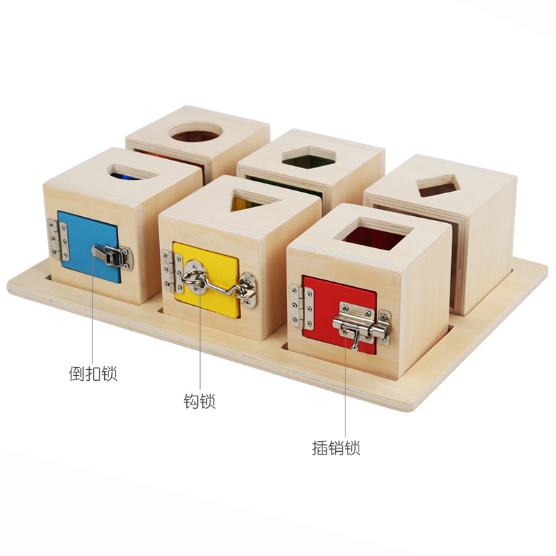 Educación temprana Montessori caja de bloqueo multifunción de seis rejillas forma de color a juego clave educativa desbloqueo caja ocupada juguete