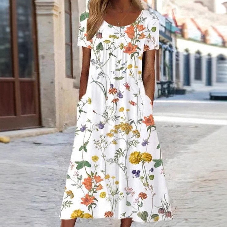 Women's Mid-Waist Summer Casual Round Neck Printed Flared Dress_ecoleips.com