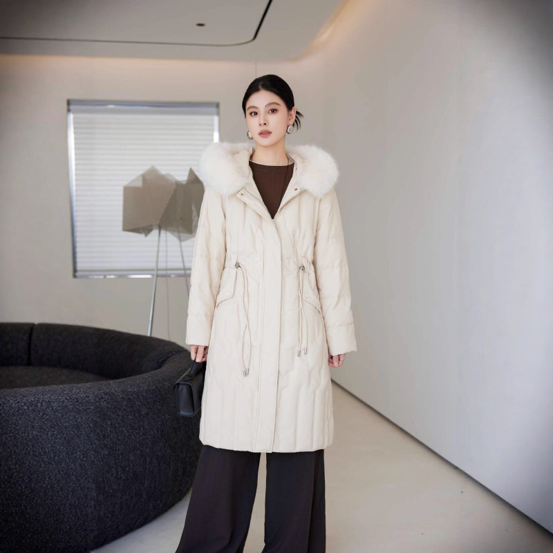 New Winter Warm Women's down Jacket Leather Mid-Length Fleece-Lined Custom Jacket Hooded Fur Collar Windbreaker