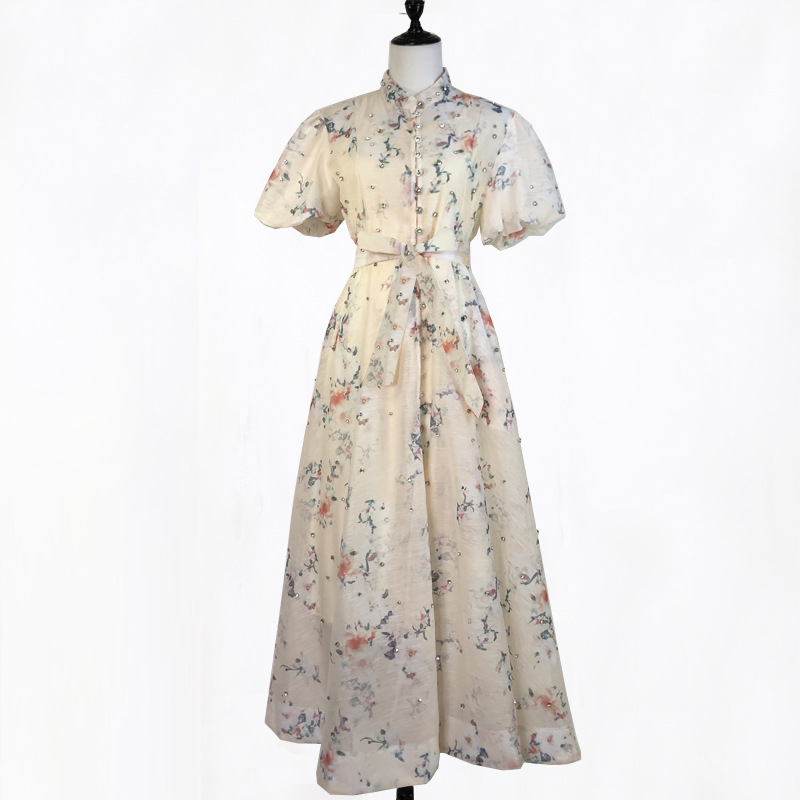 Đầm maxi nữ thắt eo cổ đứng tay lồng đèn đính đá phong cách Pháp — Màu trơn xanh lam, Màu trơn trắng, Hoa xanh da trời, Hoa hồng đậm chi tiết 85