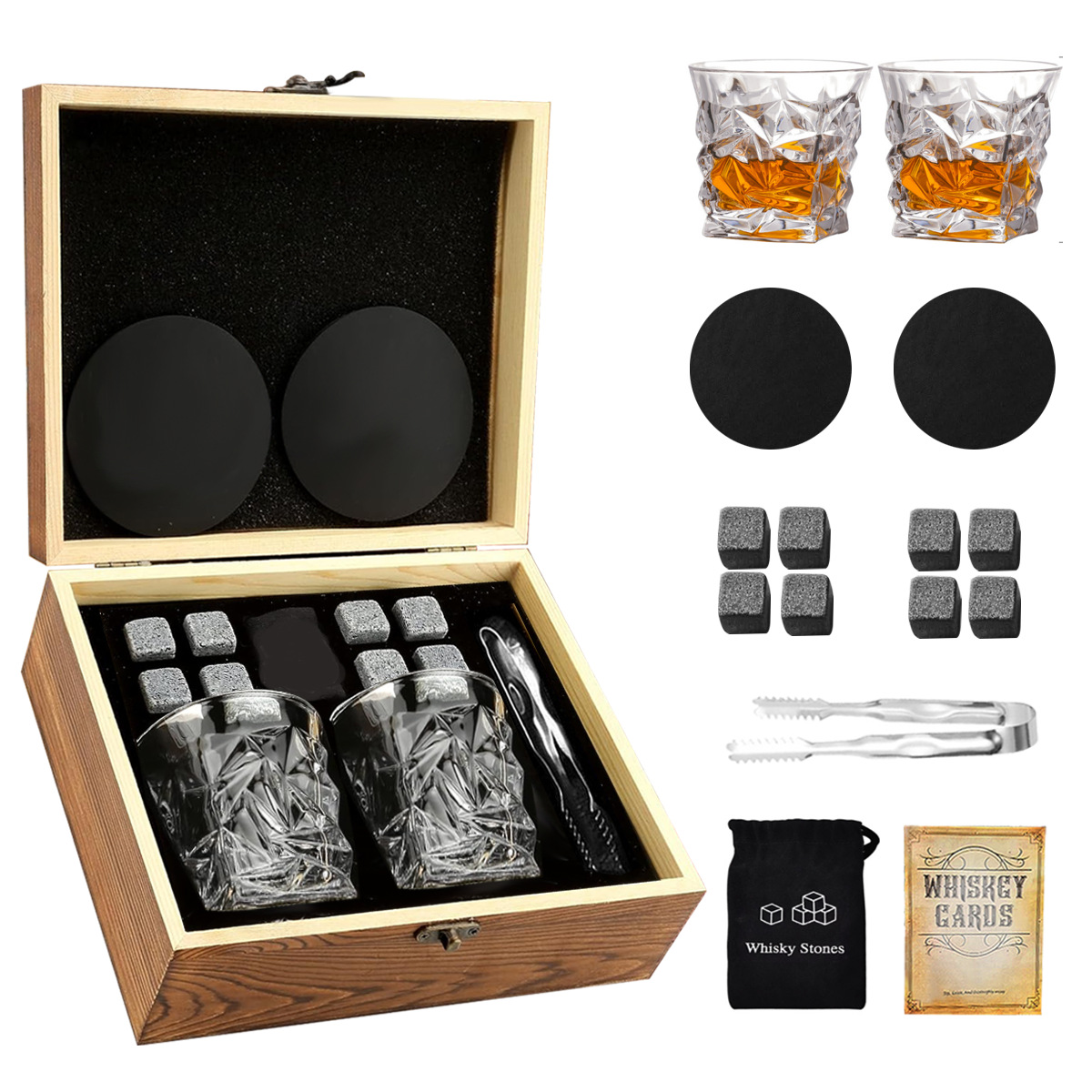 다이아몬드 컵 2개, 8스톤휘iskey 나무 상자 15종 세트