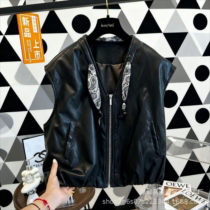 2026 Autumn New Style Genuine Leather Vest Casual Loose Leather Jacket Women's Fashion Short Motorcycle Vest Cardigan Jacket Wholesale