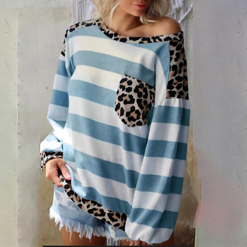 women s striped print stitching leopard-print loose top nihaostyles wholesale clothing NSZH81780