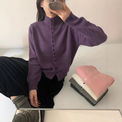 秋冬新款韩系显瘦减龄软糯立领长袖针织开衫女简约单排扣毛衣外套