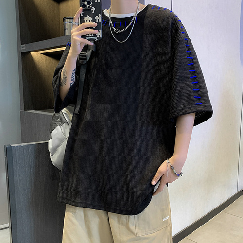 Waffle Short Sleeve T-Shirt American Street Style Ins Couple Men Half Sleeve Summer Heavyweight Loose Trendy Cool Shirts