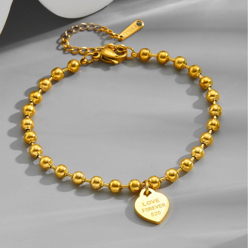 European and American Trend Simple All-Match 18K Electroplated Gold Bracelet Women's Heart-Shaped Hangtag Personalized Design Titanium Steel Ball Ball Chain European and American Trend Simple All-Match 18K Electroplated Gold Bracelet Women's Heart-Shaped Hangtag Personalized Design Titanium Steel Ball Ball Chain