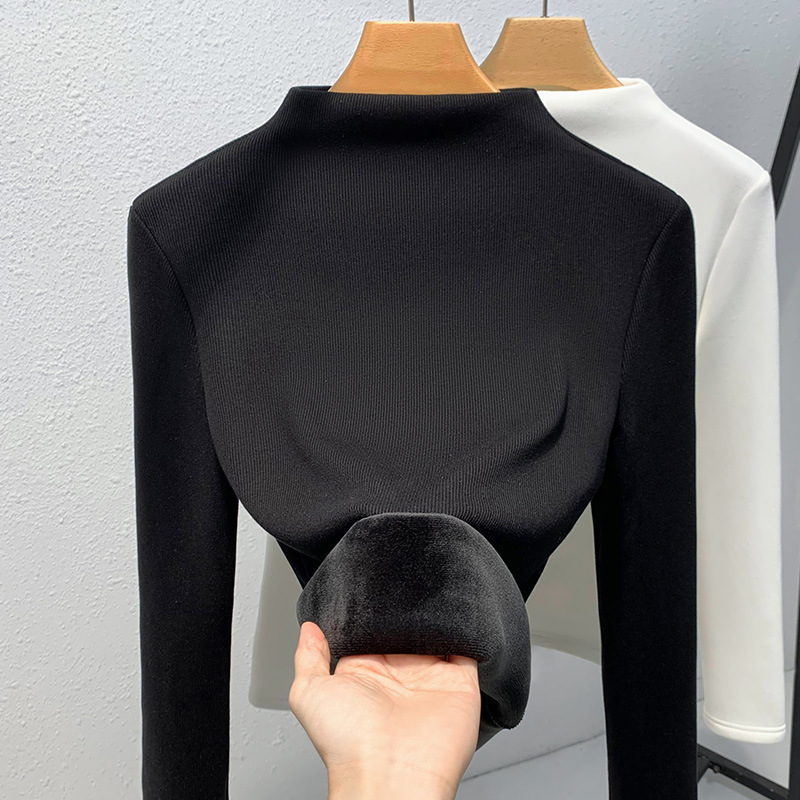 Camiseta de cuello medio alto para mujer, novedad de 2024, ropa de mujer, color sólido, acanalada, con forro polar integrado, capa interior cálida, top grueso con forro polar