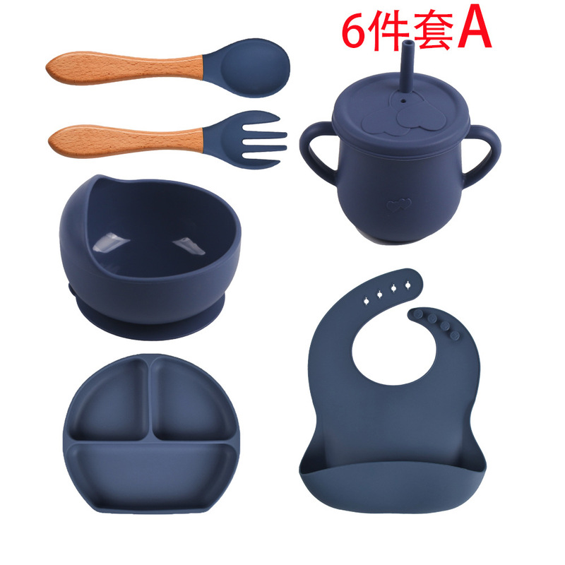 スポット分格子供食器ベビー吸盤シリコンボウル赤ちゃんスプーンストロー一体式シリコン皿|undefined