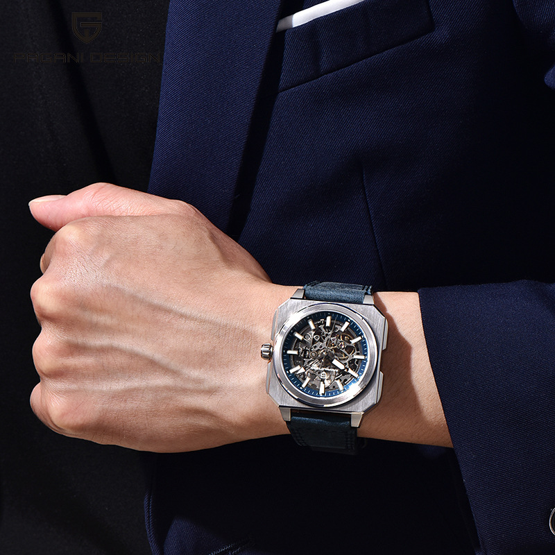 PAGANI DESIGN Bergani Fashion Movimiento mecánico hueco Cuadrado Acero inoxidable Reloj para hombre PD-1791