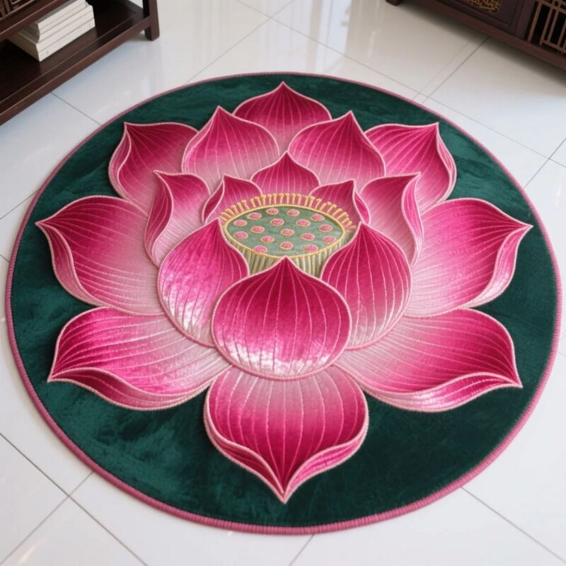 地毯莲花跪拜跪垫圆形立体满铺水晶中式荷花卧室地垫古典客厅家用|undefined