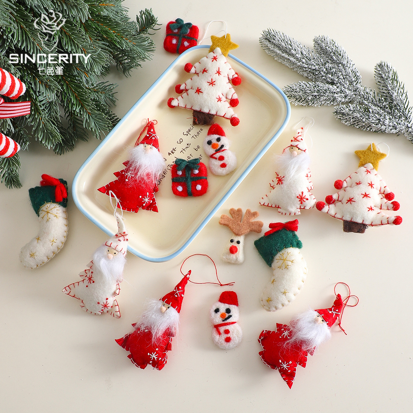 Decoración de árbol de Navidad de siete colores de fieltro de lana embalaje de flores flores floristas diy hecha a mano