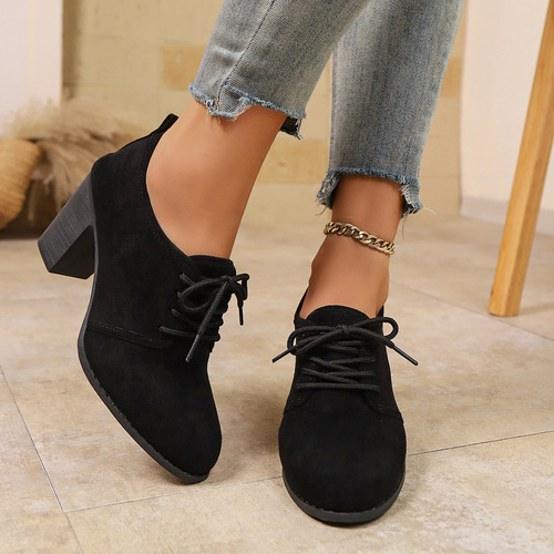 Suede lace high-heeled professional single-layer shoes women's autumn new leopard-print retro deep-cut low-cut single-layer shoes