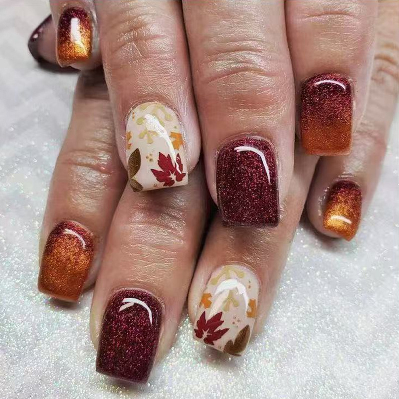 Gold Coffee Gradient Crystal Cat's Eye Short Square Autumn Maple Leaf Wearable Nail Polish Thanksgiving Fashion Manicure Export Model