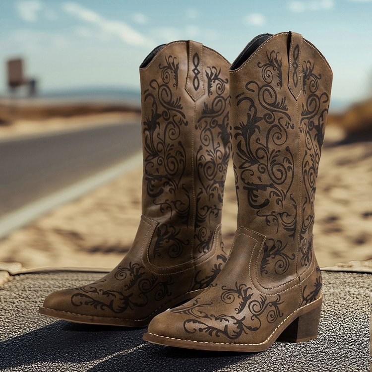 Damen-Reitstiefel für den Herbst, spitz zulaufend, Übergröße, Blockabsatz, V-Ausschnitt, britischer Stil, mittelhoher Western-Absatz_voghion.com