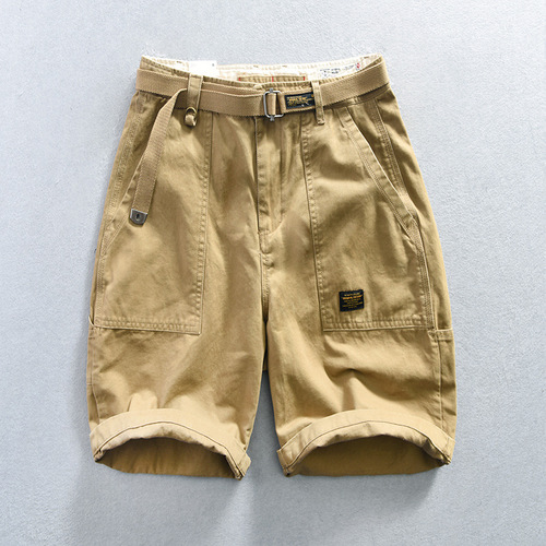 T120 men's Japanese style Ami khaki wide version casual shorts five-quarter pants