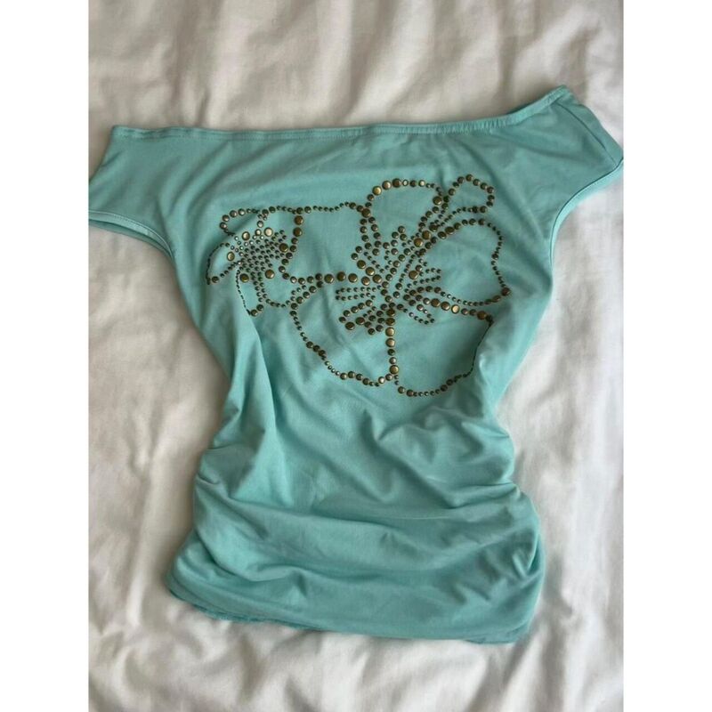Y2K Millennium Sweet and Spicy Asymmetrical Neck Top Fresh Holiday Style Mint Green Bronzed Rhinestone Floral Short-Sleeve T-Shirt for Women 2026