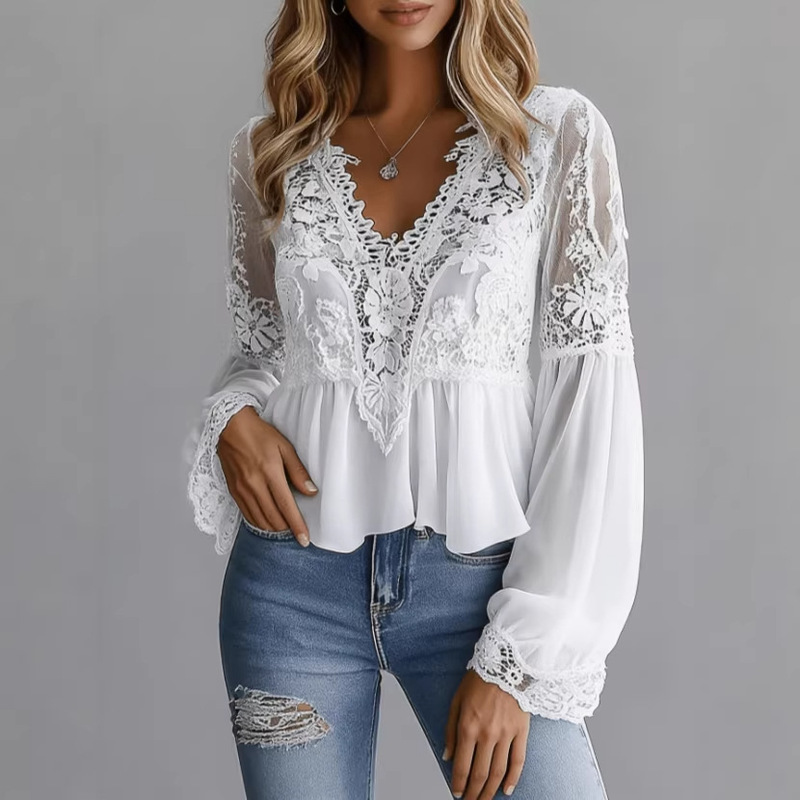 European and American Cross-Border New Style Chiffon Lace Hollow-Out Shirt Amazon Women's Top European and American Cross-Border New Style Chiffon Lace Hollow-Out Shirt Amazon Women's Top
