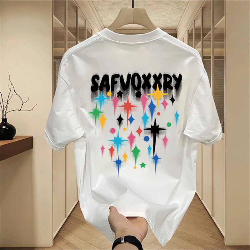 Abbigliamento estivo da uomo, camicia bianca pesante da uomo, con fondo bianco puro, mezza manica, maglietta nera con stampa cartoon_voghion.com