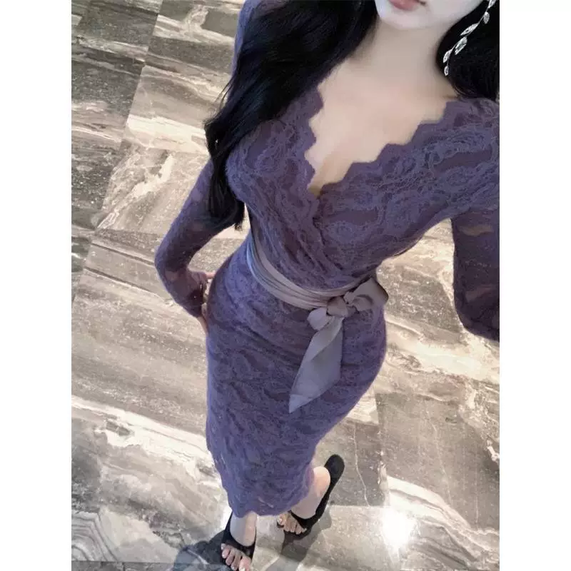 Фиолетовое кружевное платье с v-образным вырезом для женщин, весенняя облегающая юбка средней длины с длинными рукавами, легкая зрелая юбка до талии