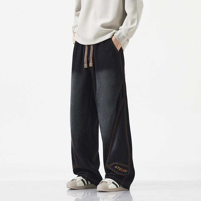 Jyf-M8891 American Design Splicing Jeans Men's Vibe Trendy Brand Handsome Loose Wide-Leg Straight Pants
