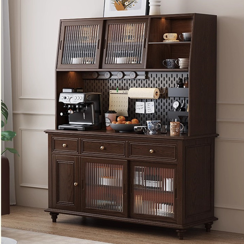 American Solid Wood Sideboard Against the Wall Integrated Storage Retro Multi-Functional Double-Layer New Chinese Kitchen Tea Cabinet Wine Cabinet