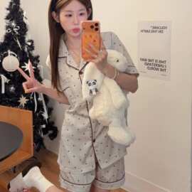 夏季新款星星冰雪丝睡衣女 短袖短裤薄款开衫家居服套装