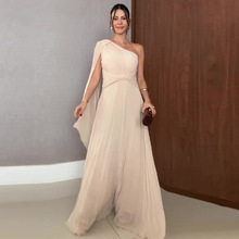 2025年新款欧美亚马逊跨境外贸女装斜领修身优雅杏色简约时尚长裙