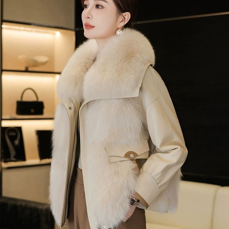 New Haining Leather Jacket down Jacket Women's Short Goatskin Fox Fur Collar Fur All-In-One Warm Jacket Winter