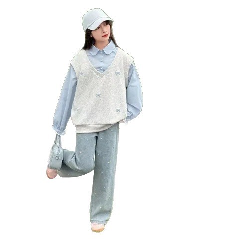 女童假两件衬衫卫衣秋装新款小女孩时尚韩系百搭儿童休闲长袖上衣|undefined