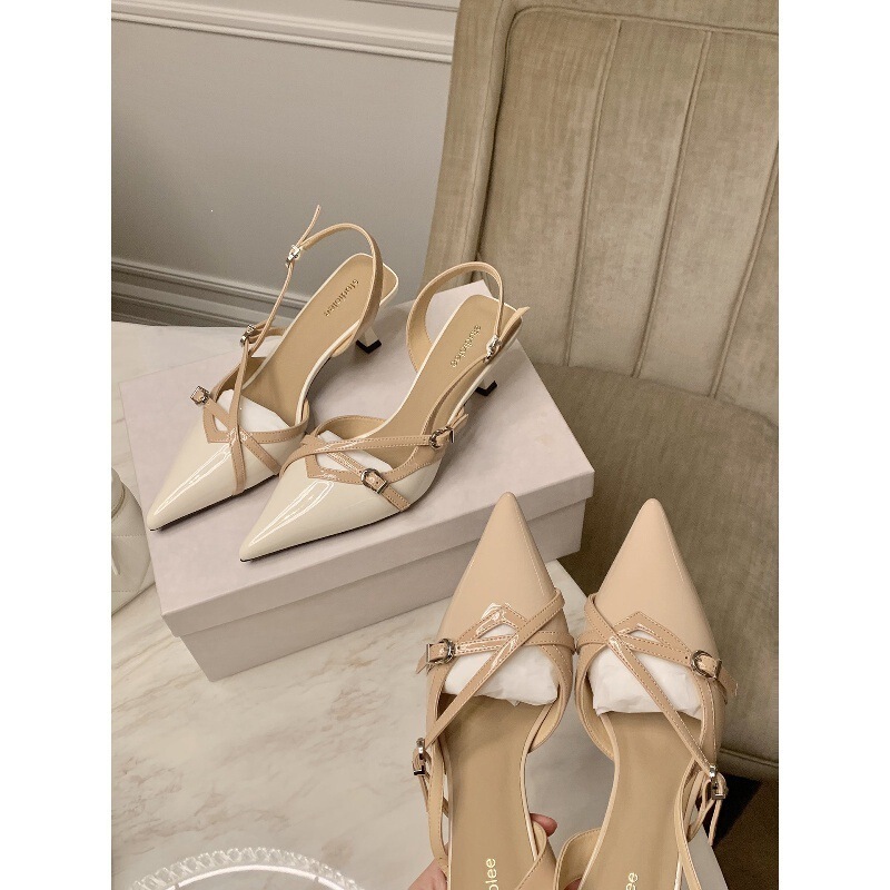 Sheepskin Version of the Same Style as Grape Ma, Kitten Heel Elegant Pointed Toe Cross-Strap Open-Back Single Shoe, Closed-Toe High-Heeled Sandals for Women