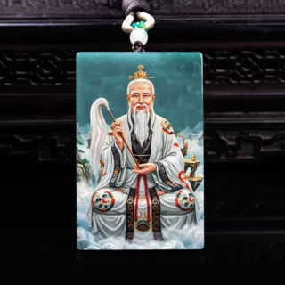 天然A货翡翠太上老君双面精工超清喷绘高冰种老玉石吊坠挂件玉美