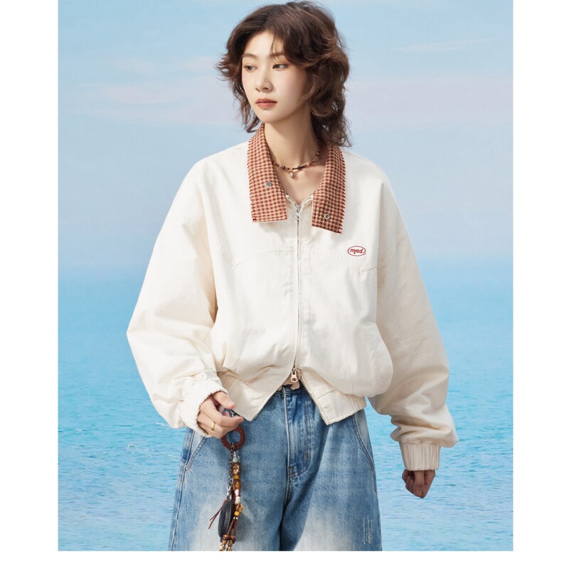 韩系超好看刺绣格纹夹克外套女秋季新款复古宽松休闲短款棒球服潮|undefined