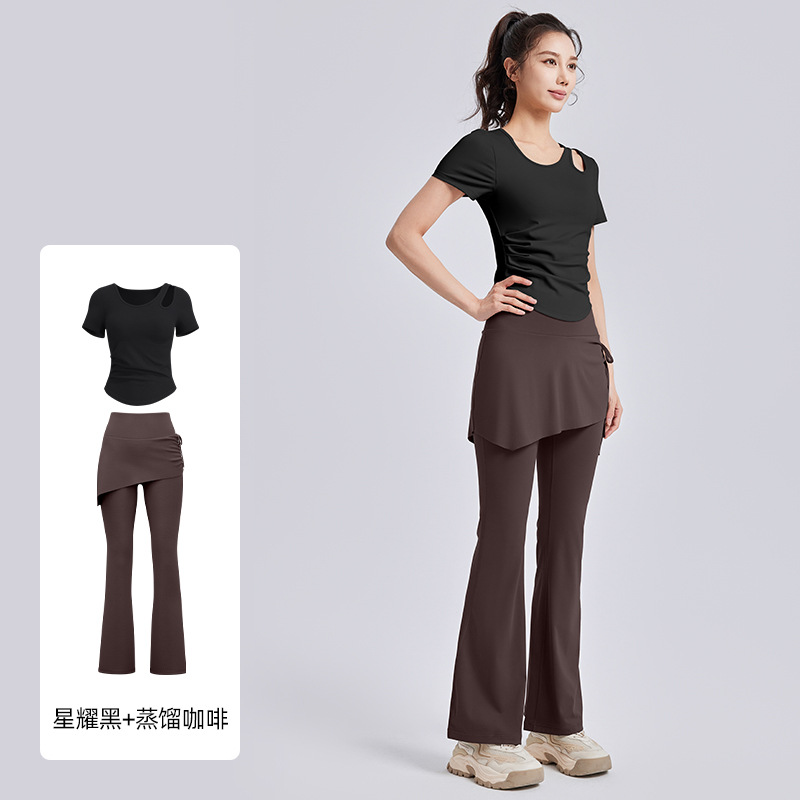 Juyitang Ropa de yoga hueca Camisa deportiva delgada de manga corta para mujer Traje de fitness de Pilates de entrenamiento para correr